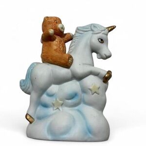 Unicorn on Cloud Figurine with Teddy Bear Ceramic Home Decor
